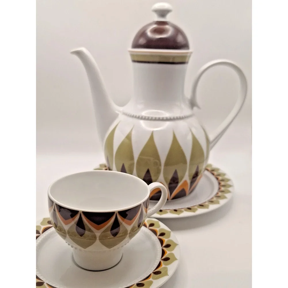 Vintage Eschenbach Bavaria 25 piece Coffee Set Serves 8 Brown Green MCM Retro